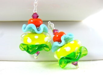 Colorful Ruffle Earrings, Funky Earrings Lampwork Earrings, Tropical Glass Earrings Blue Yellow Green Orange Whimsical Playful - Lemon Lime