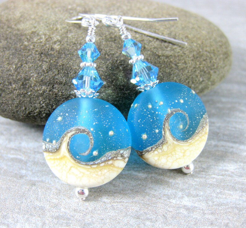 Blue White Wave Earrings, Beach Earrings, Ocean Earrings, Beach Wedding, Bridesmaid Jewelry, Summer Jewelry, Aqua Blue Glass Dangle Earrings image 2