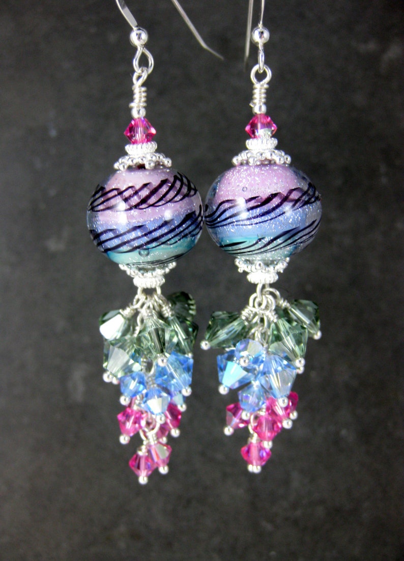 Sparkling Colorful Pastel & Silver Dichroic Glass Earrings, Pink Blue Mint Green Crystal Dangle Earrings, Sterling Silver Lampwork Earrings image 1