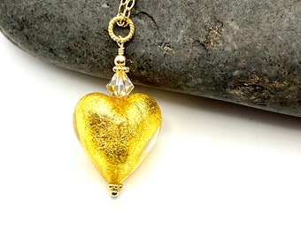 Gold Foil Murano Glass Heart Necklace, Murano Glass Jewelry, Venetian Glass Bead, Gold Filled Necklace Valentine's Day Jewelry, Pendant