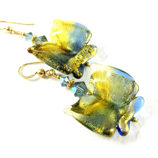 Butterfly Earrings, Murano Glass Earrings, Blue & Gold Earrings, Venetian Glass Earrings, Butterfly Jewelry - Golden Butterflies