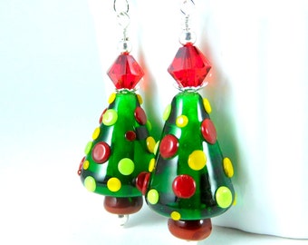 Christmas Tree Dangle Earrings, Colorful Holiday Earrings, Christmas Jewelry, Lampwork Earrings, Holiday Jewelry, Polka Dot Ornaments