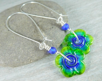 Funky Blue Green Glass Flower Long Silver Dangle Earrings, Whimsical Jewelry, Lampwork Earrings, Unique Earrings Hippie Earrings Fun Jewelry