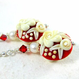 Red White Floral Earrings, Valentine's Day Jewelry, Ivory Rose Lampwork Earrings, Valentine's Gift for Her, Floral Jewelry, Romantic Jewelry image 3