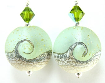 Beach Earrings, Ocean Earrings, Green Glass Earrings, Beadwork Earrings, Wave Lampwork Bead Earrings, Mint Green Earrings - Sea Mist