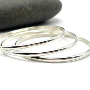 Silver Bangles Set of 3, Sterling Silver Bangle Bracelets, Half Round 3mm Wide Solid 925 Sterling Silver Simple Stacking Bracelet Minimalist