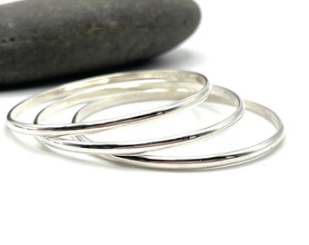 Silver Bangles Set of 3, Sterling Silver Bangle Bracelets, Half Round 3mm Wide Solid 925 Sterling Silver Simple Stacking Bracelet Minimalist