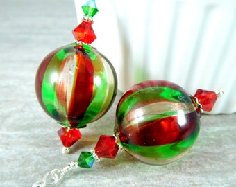 Christmas Ornament Dangle Earrings, Red Green Gold Earrings, Murano Earrings, Blown Glass Earrings, Holiday Jewelry, Light Weight Earrings