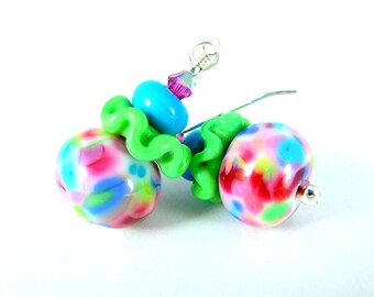 Colorful Pastel Ruffle Dangle Earrings, Pink Blue Green Glass Earrings, Fun Jewelry, Whimsical Earrings, Lampwork Earrings, Funky, Playful