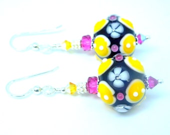 Yellow Black Pink White Funky Floral Glass Dangle Earrings, Bright Colorful Unique Jewelry, Summer Drop Earrings, Fun Lampwork Earrings