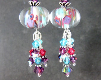 Purple Turquoise Blue Pink Crystal Earrings, Boho Chic Dangle Earrings, Colorful Pastel Glass Earrings, Bohemian Jewelry. Lampwork Earrings