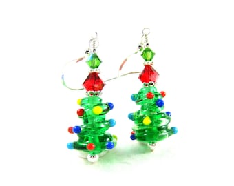 Christmas Tree Earrings, Christmas Earrings, Colorful Holiday Earrings, Lampwork Earrings, Holiday Jewelry, Christmas Jewelry Christmas Tree