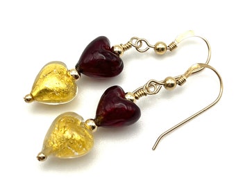 Red & Gold Double Heart Earrings, Murano Glass Dangle Earrings, Valentine's Day Jewelry, Valentine's Earrings Romantic Holiday Jewelry