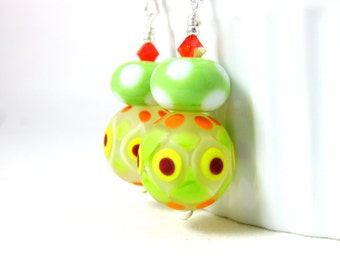 Colorful Geometric Earrings, Lime Green Orange Yellow Red Earrings, Polka Dot Earrings, Glass Earrings, Dangle Earrings, Lampwork Earrings