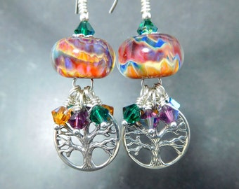 Tree Of Life Dangle Earrings, Colorful Glass Crystal Sterling Silver Silver, Nature Jewelry, Fall Autumn Thanksgiving Boho Boro Lampwork