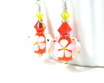 Daisy Earrings, Orange White Yellow Floral Earrings, Lampwork Earrings, Summer Earrings, Bright Color Jewelry Glass Earrings Picking Daisies