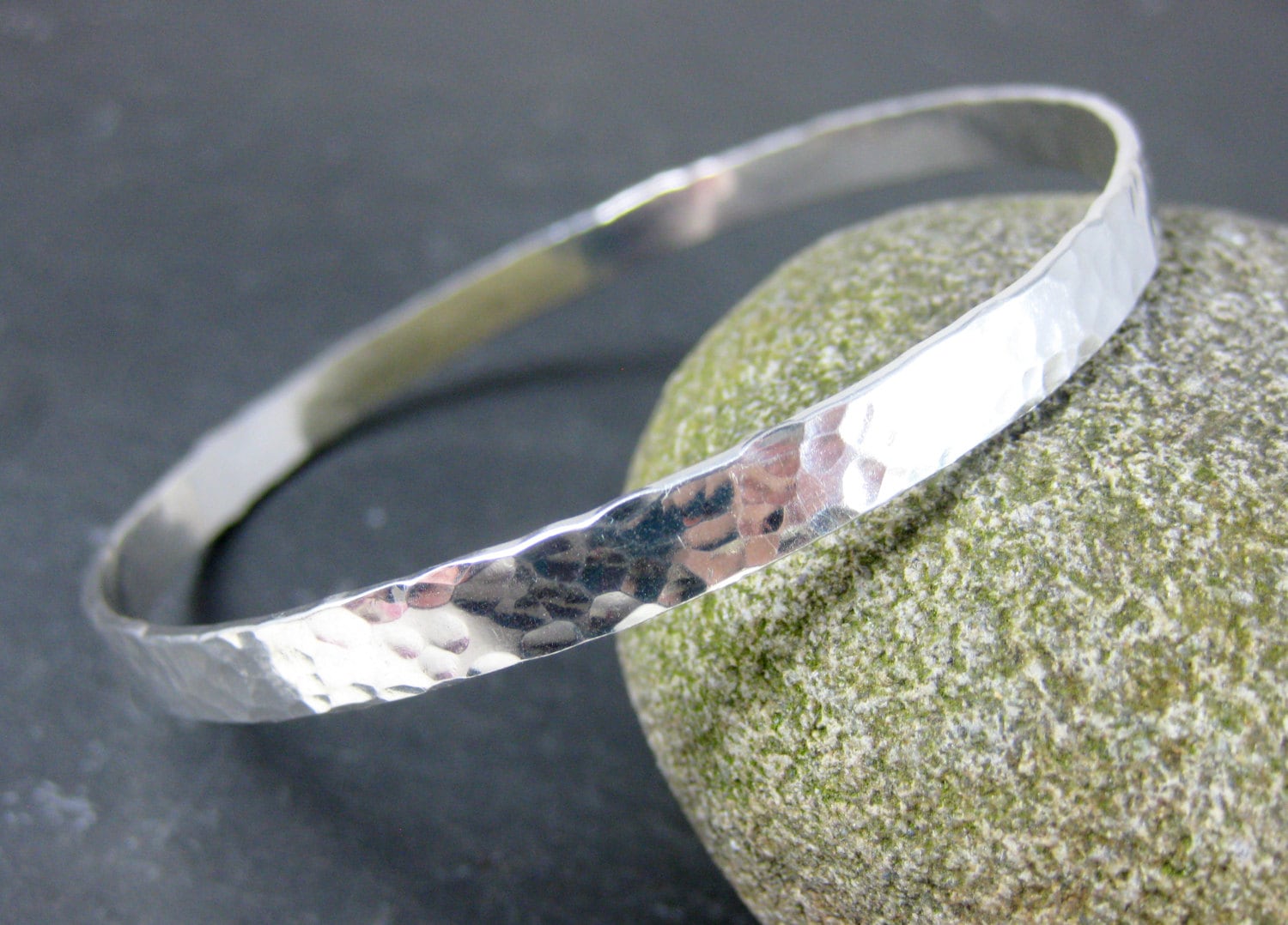 Flat Sterling Silver Bangle Bracelet 5mm Wide Hammered Silver Etsy