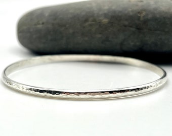 Hammered Silver Bangle Bracelet, Sparkling Sterling Silver Bracelet, Bright Shiny Half Round 3mm Wide Solid 925 Sterling Silver, Minimalist