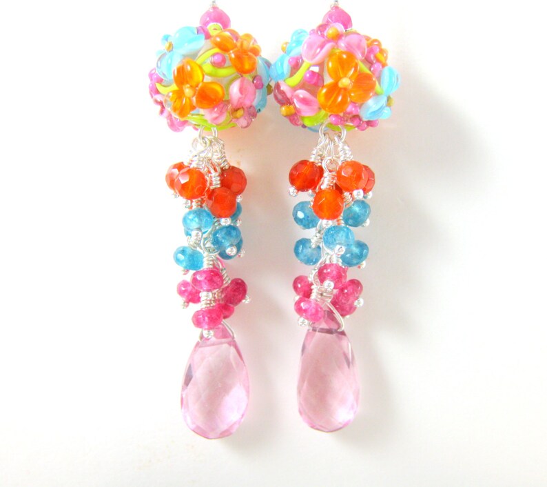 Colorful Floral Dangle Earrings, Gemstone Earrings, Pink Blue Orange Lampwork Earrings, Pink Quartz Blue Jade Carnelian Earrings, Summer image 3
