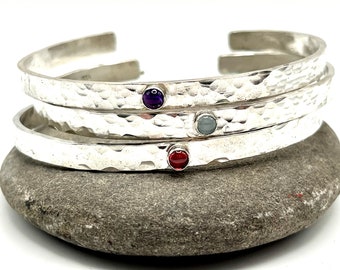 Gemstone Cuff, Hammered Silver Cuff Bracelet, Birthstone Cuff, Stacking 5mm Wide Sterling Silver Oval Layering Bracelet Minimalist Jewelry