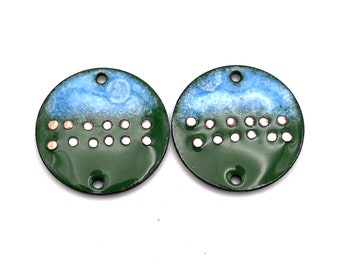 Blue Green Enameled Copper Earring Charms, 2 Hole Connectors Enamel Chandelier Earring Findings Artisan Handmade Jewelry Components Pendants