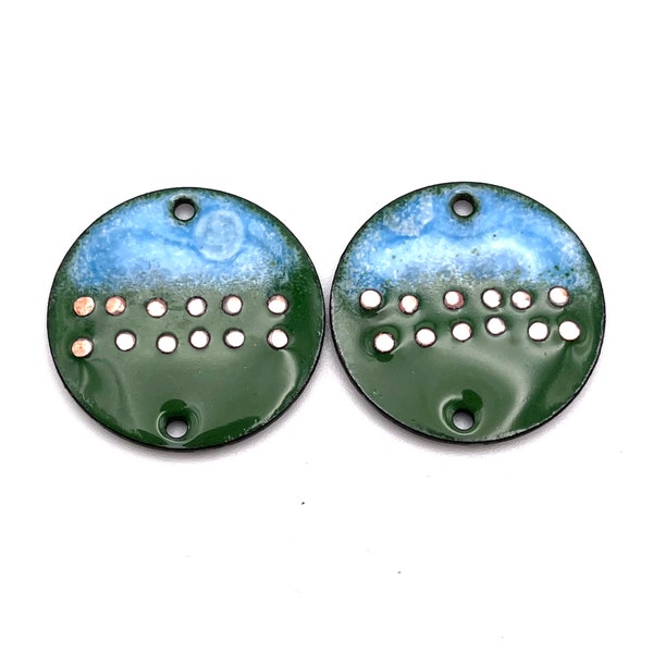 Blue Green Enameled Copper Earring Charms, 2 Hole Connectors Enamel Chandelier Earring Findings Artisan Handmade Jewelry Components Pendants