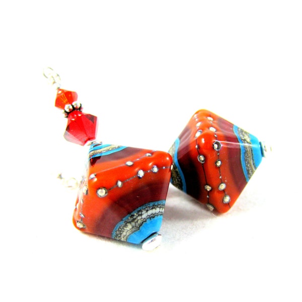 Southwestern Earrings, Lampwork Earrings, Red Orange Turquoise Earrings, Beadwork Earrings, Glass Earrings, Colorful Glass - Red Rock Canyon