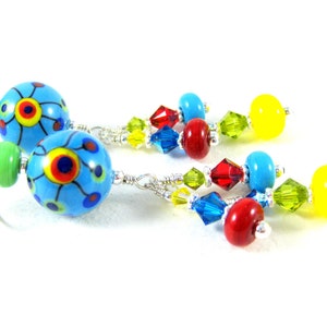 Colorful Funky Earrings, Lampwork Earrings, Glass Earrings, Rainbow Jewelry, Blue Yellow Red Earrings, Bright Colors Unique Earrings Pop Art image 2