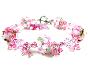 Floral Jewelry, Pink White Floral Bracelet, Lampwork  Bracelet, Nature Bracelet, Glass Bracelet, Pastel Flower Bracelet - Pretty Pink