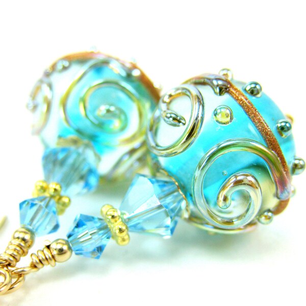 Aqua Blue Glass Bead Earrings, Aqua Blue Gold Lampwork Glass Earrings, 14k Gold Filled Earrings, Blue Earrings - Crystal Blue Persuasion