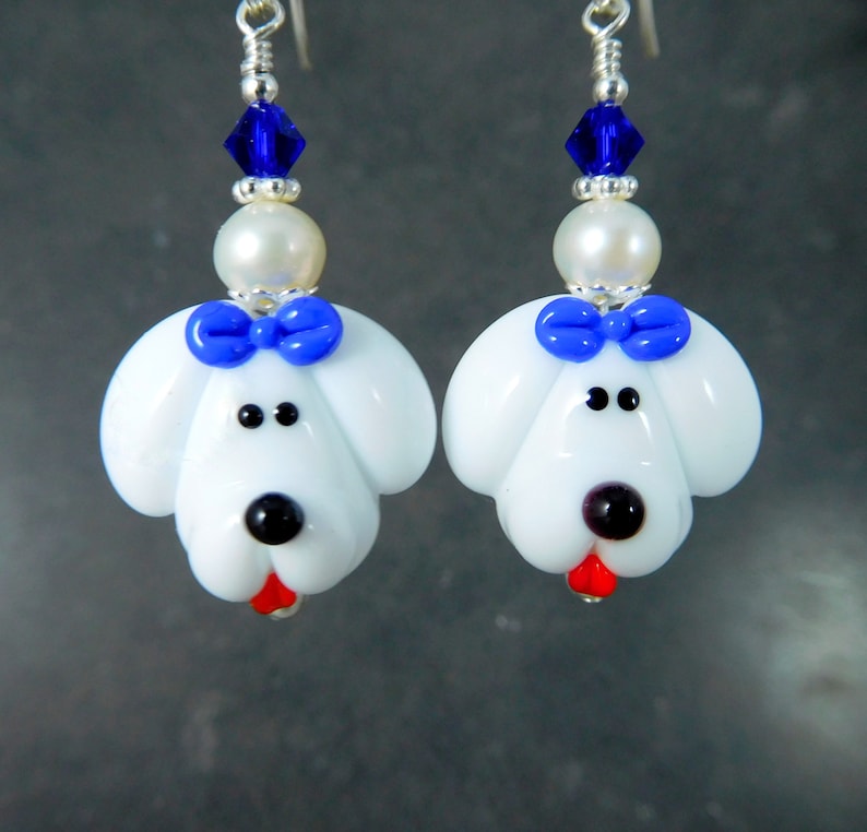 Poodle Dangle Earrings, White Puppy Dog Dangle Earrings, Pet Jewelry, Cute Animal Earrings, Maltese Bichon Frise Lampwork Glass Earrings image 1