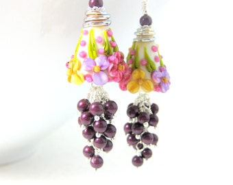 Floral Earrings, Purple Pearl Dangle Earrings, Cluster Earrings, Pink Ivory Purple Yellow Lampwork Earrings, Botanical Statement Earrings