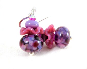 Purple Pink Ruffle Earrings, Pastel Glass Earrings, Whimsical Earrings, Lampwork Earrings, Funky Earrings, Unusual Earrings, Fun Earrings