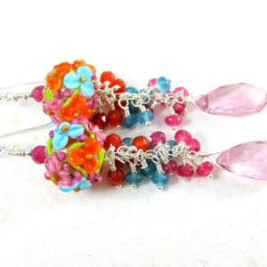 Colorful Floral Dangle Earrings, Gemstone Earrings, Pink Blue Orange Lampwork Earrings, Pink Quartz Blue Jade Carnelian Earrings, Summer image 2