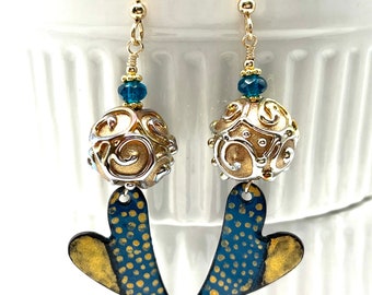 Heart Dangle Earrings, Peacock Blue Gold Enameled Copper Earrings, Gold Lampwork Glass Earrings, Whimsical Unique One of a Kind Jewelry