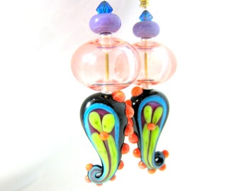 Paisley Earrings, Unique Earrings, Colorful Funky Earrings, Unusual Earrings, Blown Glass Earrings Lampwork Earrings Coral Blue Purple Green