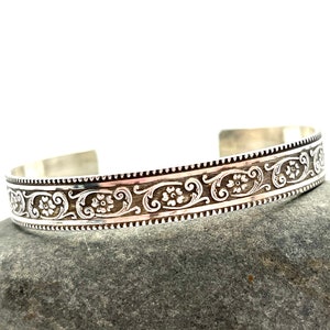 Wide Sterling Silver Cuff With Flowers and Swirls, Floral