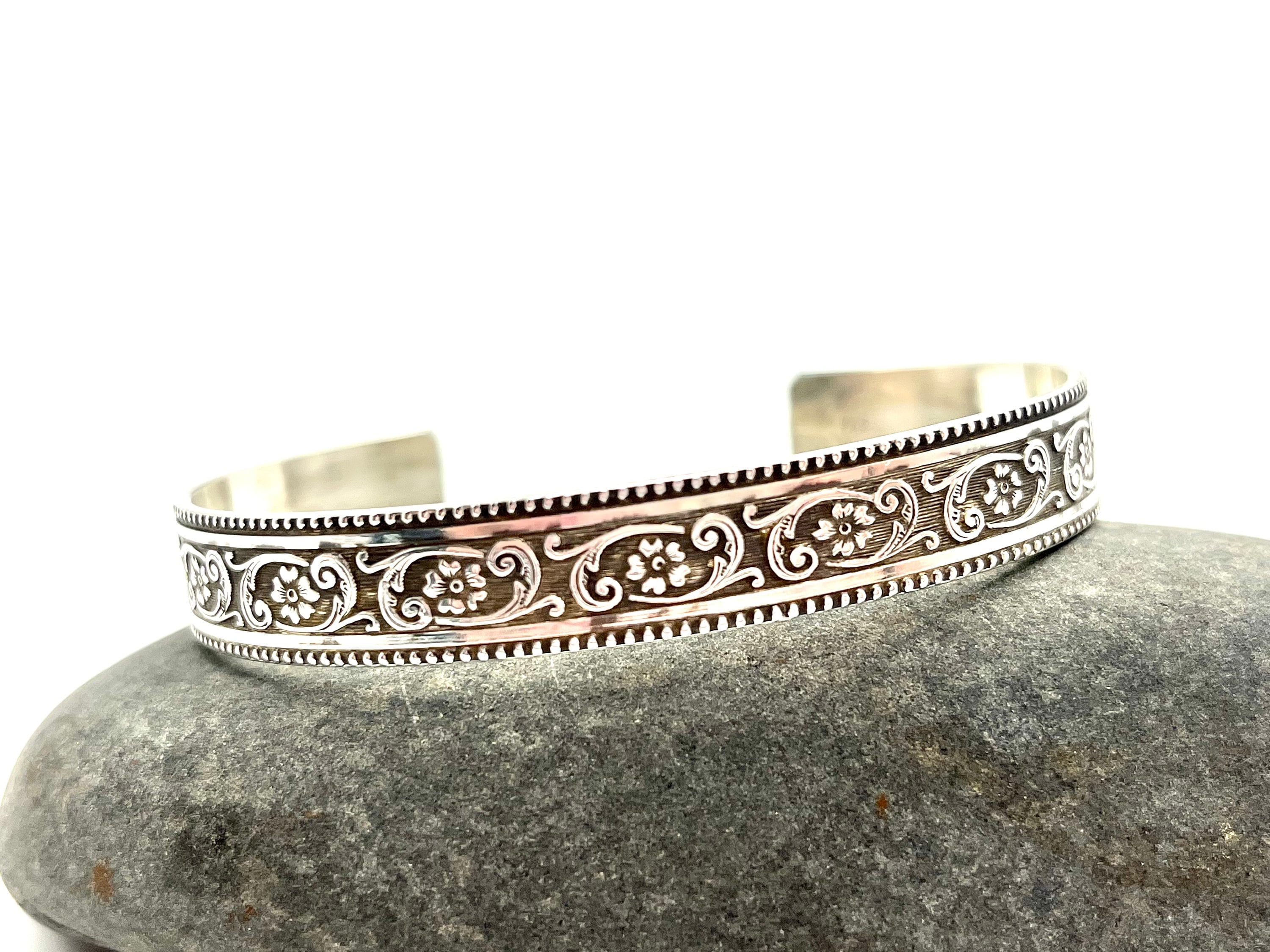 ブレスレット SILVER CRYSTAL DETAIL CUFF BRACELET Wide Sterling Silver Cuff With Flowers and Swirls, Floral