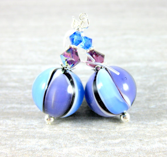 Purple Light Blue & Black Murano Glass Earrings, Striped Earrings, Round Ball Drop Earrings, Pastel Earrings, Venetian Murano Earrings