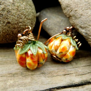 Rustic Pumpkin Dangle Earrings, Halloween Earrings,Fall Autumn Harvest, Colorful Glass Pumpkin Jewelry, Lampwork, Thanksgiving Earrings