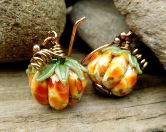 Rustic Pumpkin Dangle Earrings, Halloween Earrings,Fall Autumn Harvest, Colorful Glass Pumpkin Jewelry, Lampwork, Thanksgiving Earrings