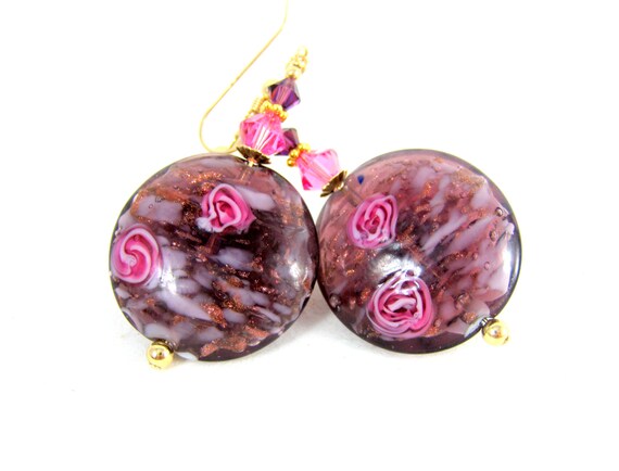 Purple Pink Gold Glass Earrings, Murano Earrings, Pink Rose Earrings, Amethyst Venetian Glass Earrings, Dangle Earrings, Pretty Earrings