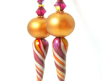 Spiral Stripe Spike Earrings, Shimmering Gold Purple Ivory Funky Earrings, Unique Earrings, Unusual Earrings, Blown Glass, Lampwork Earrings