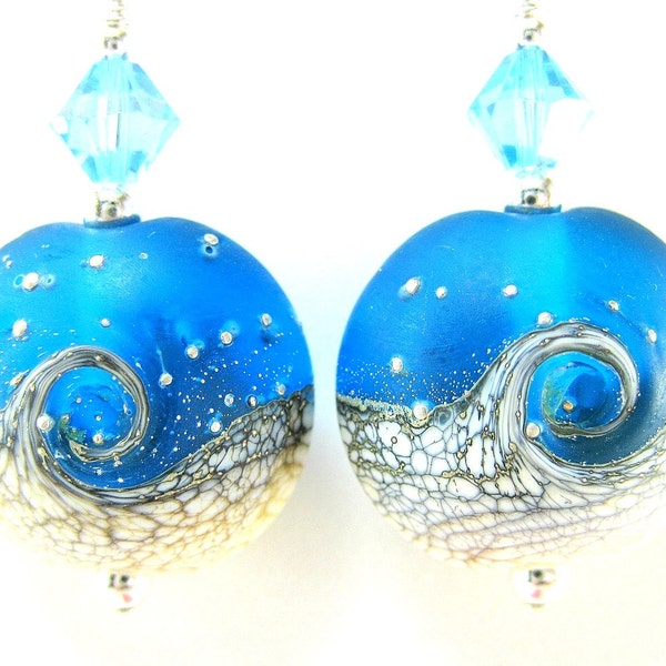 Blue White Ocean Earrings, Wave Lampwork Bead Earrings, Beach Earrings, Summer Earrings, Dangle Earrings - Tidal Wave