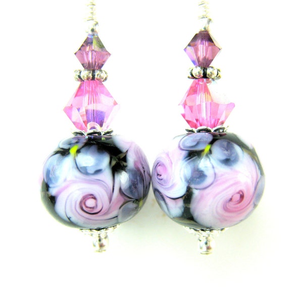 Pink Rose Glass Bead Earrings, Chintz Floral Lampwork Earrings, Rose Earrings, Flower Earrings, Shabby Chic Earrings - Rose Chintz