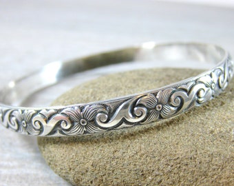 Floral Sterling Silver Bangle Wide Silver Bracelet Nature Inspired Jewelry Art Deco Bracelet Stacking Bracelet Patterned Bangle Bracelet GRJ
