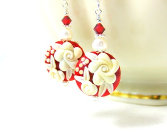 Red White Floral Earrings, Valentine's Day Jewelry, Ivory Rose Lampwork Earrings, Valentine's Gift for Her, Floral Jewelry, Romantic Jewelry