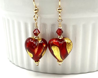 Red Gold Foil Heart Earrings, Murano Earrings, Glass Dangle Earrings, Christmas Jewelry Valentine's Day Jewelry Romantic Holiday Jewelry