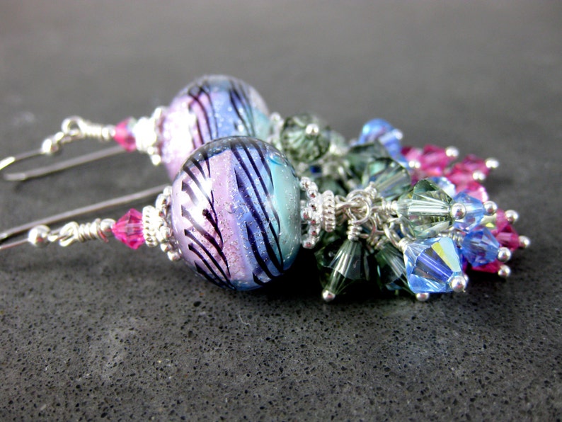 Sparkling Colorful Pastel & Silver Dichroic Glass Earrings, Pink Blue Mint Green Crystal Dangle Earrings, Sterling Silver Lampwork Earrings image 2