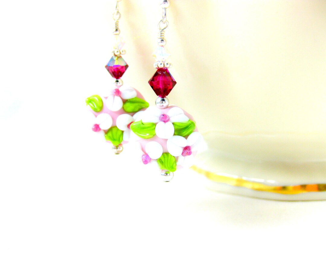Pink White Earrings, Floral Earrings, Lampwork Earrings, Pastel Pink Glass Earrings, Cotton ...